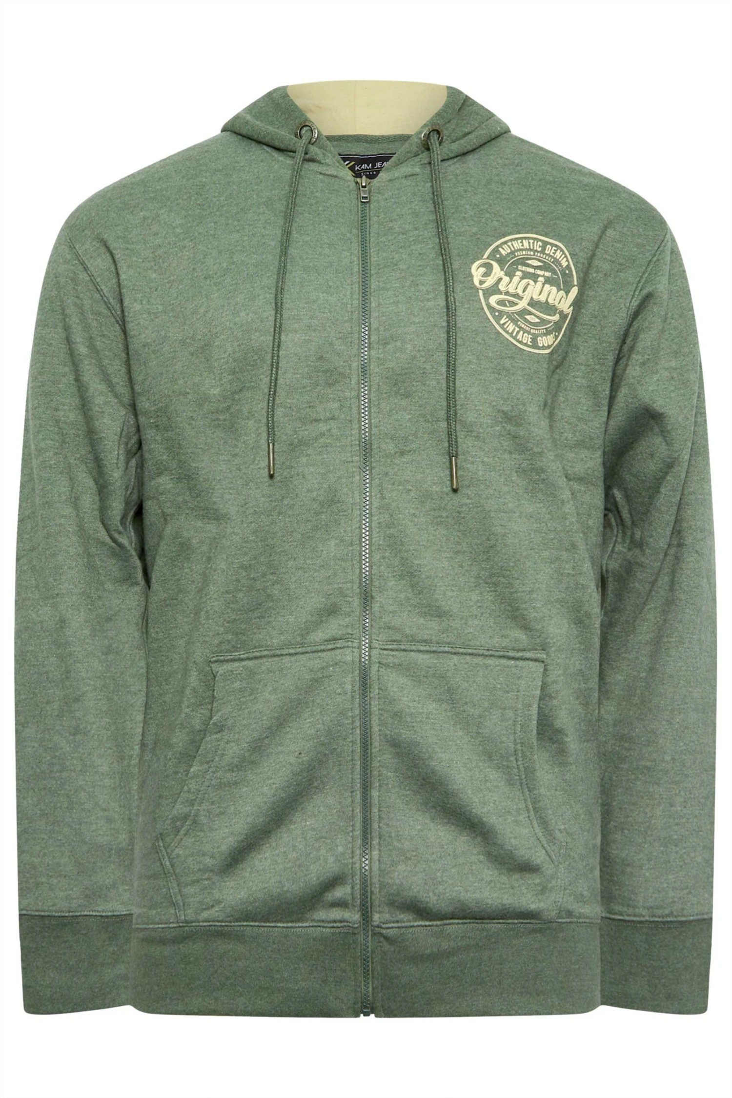 KAM Big & Tall Khaki Green 'Original' Zip Through Hoodie 2 KAM Big & Tall Khaki Green 'Original' Zip Through Hoodie - Image 2