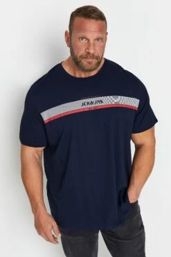 JACK & JONES Big & Tall Navy Blue Logo Stripe T-Shirt