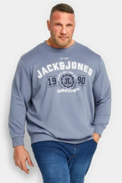 JACK & JONES Big & Tall Grey '1990' Logo Print Sweatshirt