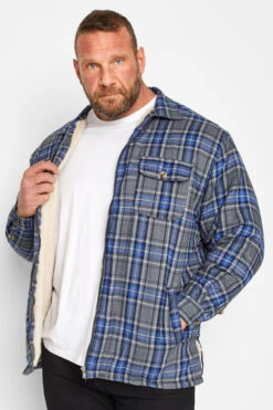 KAM Big & Tall Charcoal Grey Zip Through Sherpa Lined Check Shirt