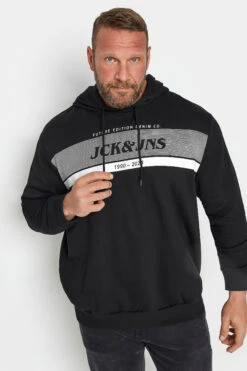 JACK & JONES Big & Tall Black Stripe Logo Print Hoodie
