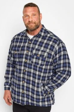 KAM Big & Tall Navy Blue Button Through Sherpa Lined Check Shirt