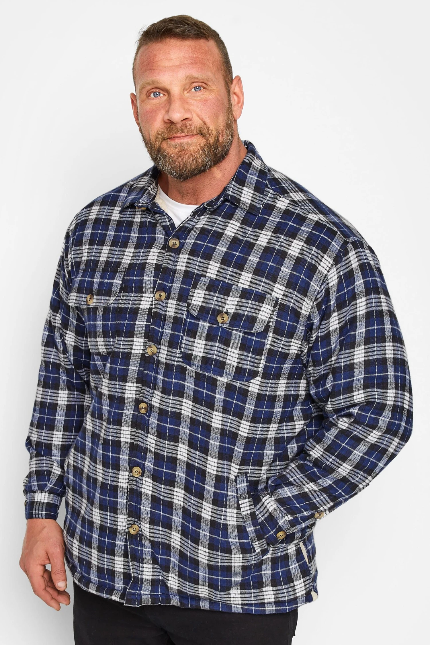 KAM Big & Tall Navy Blue Button Through Sherpa Lined Check Shirt 1 KAM Big & Tall Navy Blue Button Through Sherpa Lined Check Shirt