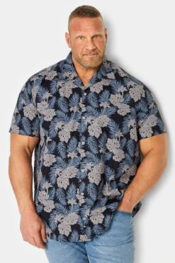 BadRhino Big & Tall Black Leaf Print Short Sleeve Shirt