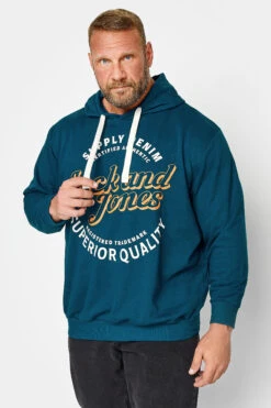 JACK & JONES Big & Tall Blue Hooded Logo Print Sweatshirt