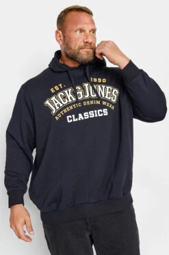 JACK & JONES Big & Tall Navy Blue Logo Print Hooded Sweatshirt