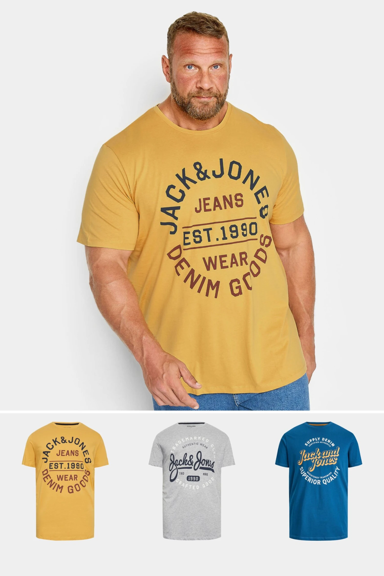 JACK & JONES Big & Tall 3 PACK Blue & Yellow Logo T-Shirts 1 JACK & JONES Big & Tall 3 PACK Blue & Yellow Logo T-Shirts