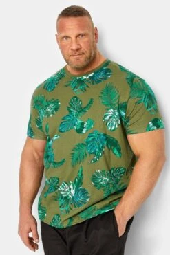 BadRhino Big & Tall Khaki Green Tropical Leaf Print T-Shirt