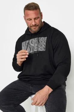 JACK & JONES Big & Tall Black Stripe Brand Logo Print Hoodie