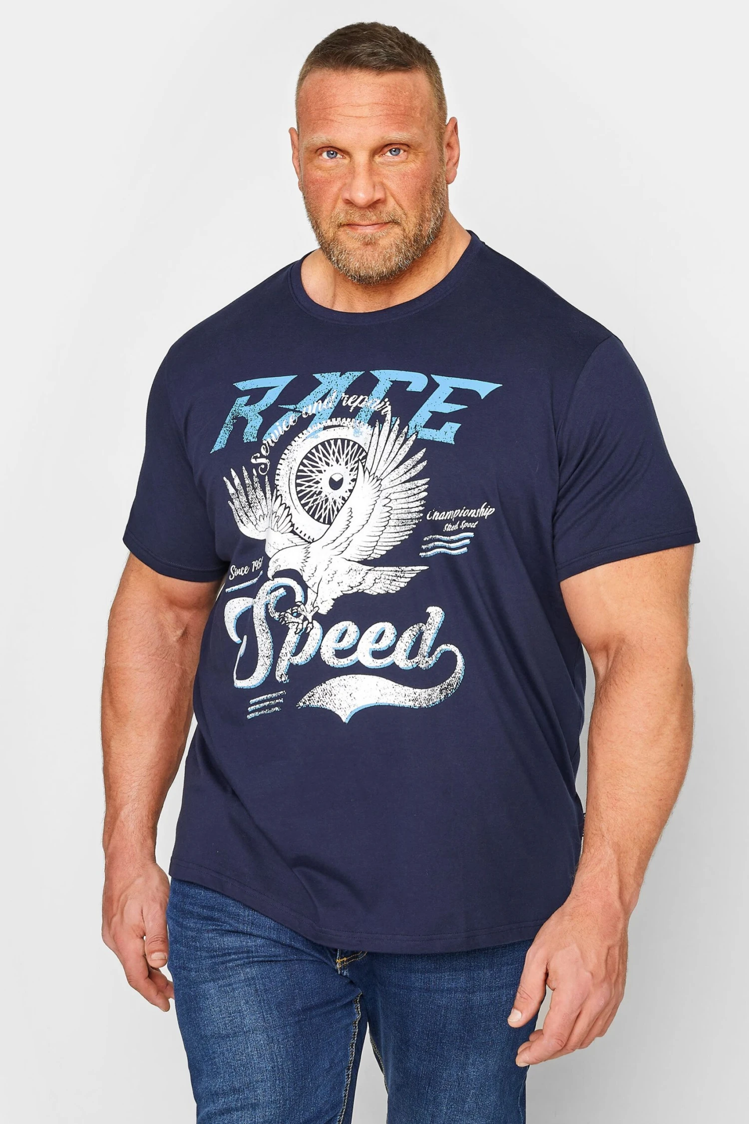 BadRhino Big & Tall Navy Blue Eagle Print 'Race' Slogan T-Shirt 1 BadRhino Big & Tall Navy Blue Eagle Print 'Race' Slogan T-Shirt