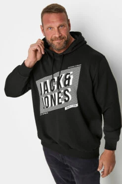 JACK & JONES Big & Tall Black Diagonal Logo Print Hoodie