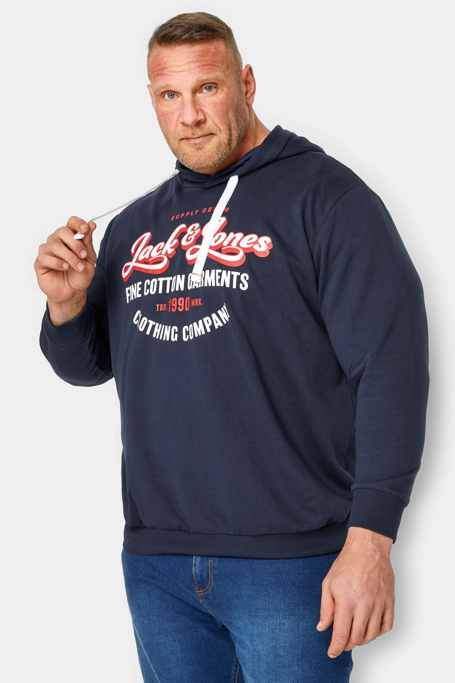 JACK & JONES Big & Tall Navy Blue Logo Print Hoodie 1 JACK & JONES Big & Tall Navy Blue Logo Print Hoodie