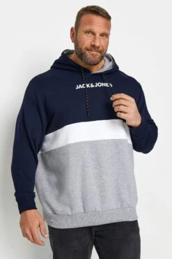 JACK & JONES Big & Tall Navy Blue Colour Block Hoodie