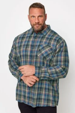 BadRhino Big & Tall Green & Blue Brushed Cotton Check Long Sleeve Shirt