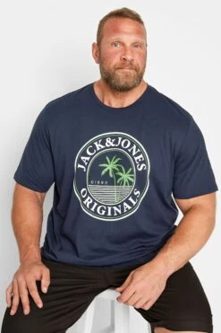 JACK & JONES Big & Tall Navy Blue Palm Tree Logo Print T-Shirt