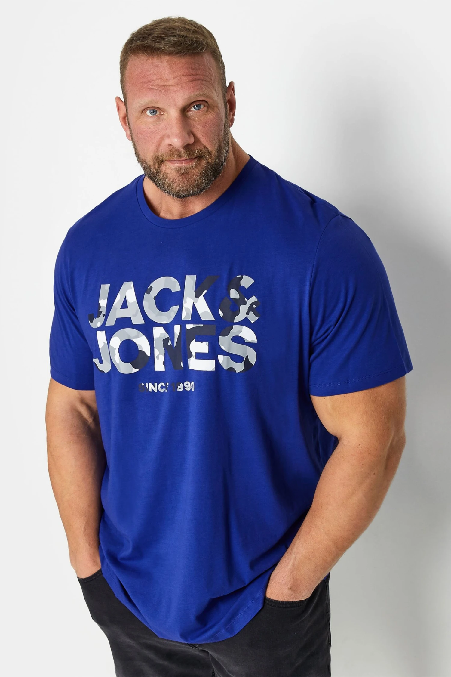 JACK & JONES Big & Tall Blue Camo Logo Crew Neck T-Shirt 1 JACK & JONES Big & Tall Blue Camo Logo Crew Neck T-Shirt