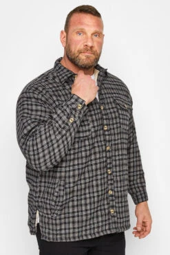 KAM Big & Tall Black Button Through Sherpa Lined Check Shirt