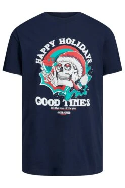 JACK & JONES Navy Blue Christmas Skull Print T-Shirt