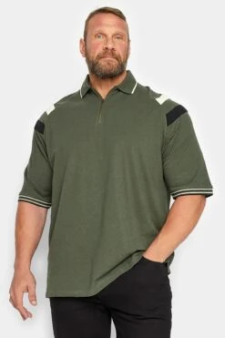 KAM Big & Tall Khaki Green Zip Neck Panel Polo Shirt