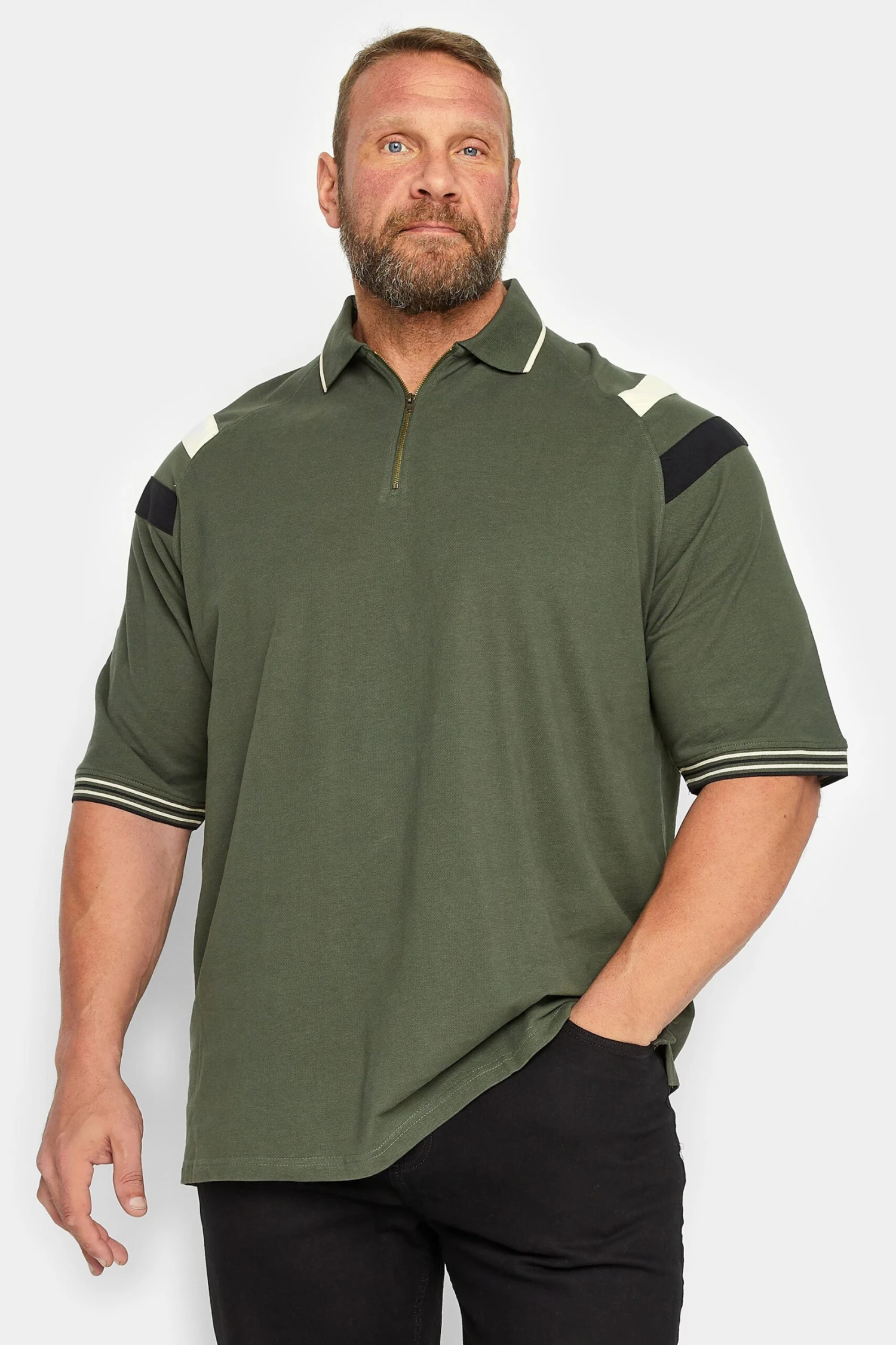 KAM Big & Tall Khaki Green Zip Neck Panel Polo Shirt 1 KAM Big & Tall Khaki Green Zip Neck Panel Polo Shirt