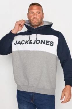 JACK & JONES Big & Tall Navy Blue & Grey Colour Block Logo Hoodie