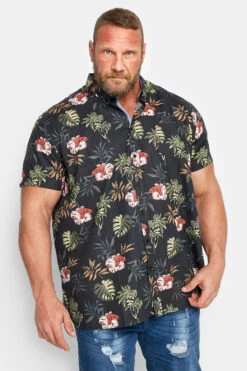 D555 Big & Tall Black Hawaiian Print Shirt