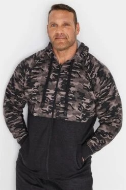 KAM Big & Tall Charcoal Grey Camo Colour Block Zip Through Hoodie