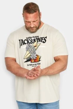 JACK & JONES Big & Tall Cream Skeleton Hand Print T-Shirt