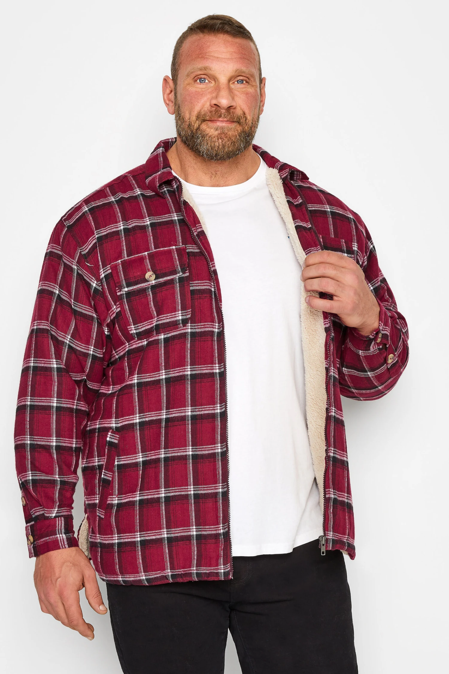 KAM Big & Tall Red Zip Through Sherpa Lined Check Shirt 1 KAM Big & Tall Red Zip Through Sherpa Lined Check Shirt