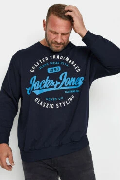 JACK & JONES Big & Tall Navy Blue & White Logo Print Sweatshirt