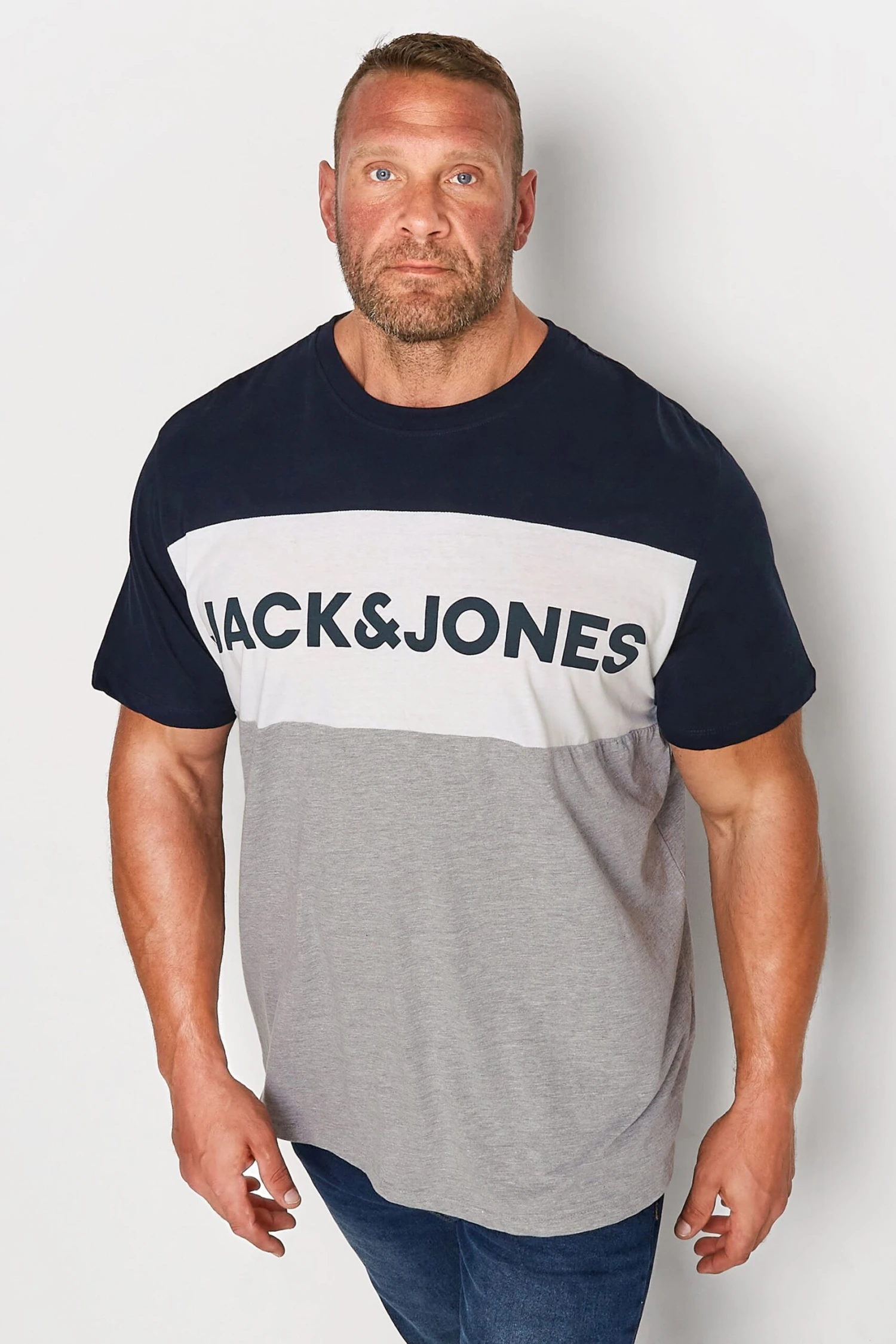 JACK & JONES Big & Tall Navy Blue & Grey Colour Block Logo T-Shirt 1 JACK & JONES Big & Tall Navy Blue & Grey Colour Block Logo T-Shirt