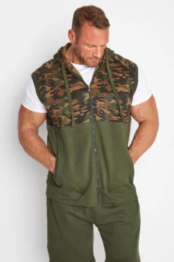 KAM Big & Tall Khaki Green Camo Panelled Gilet