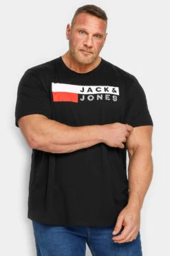 JACK & JONES Big & Tall Black & Red Stripe Logo Print T-Shirt