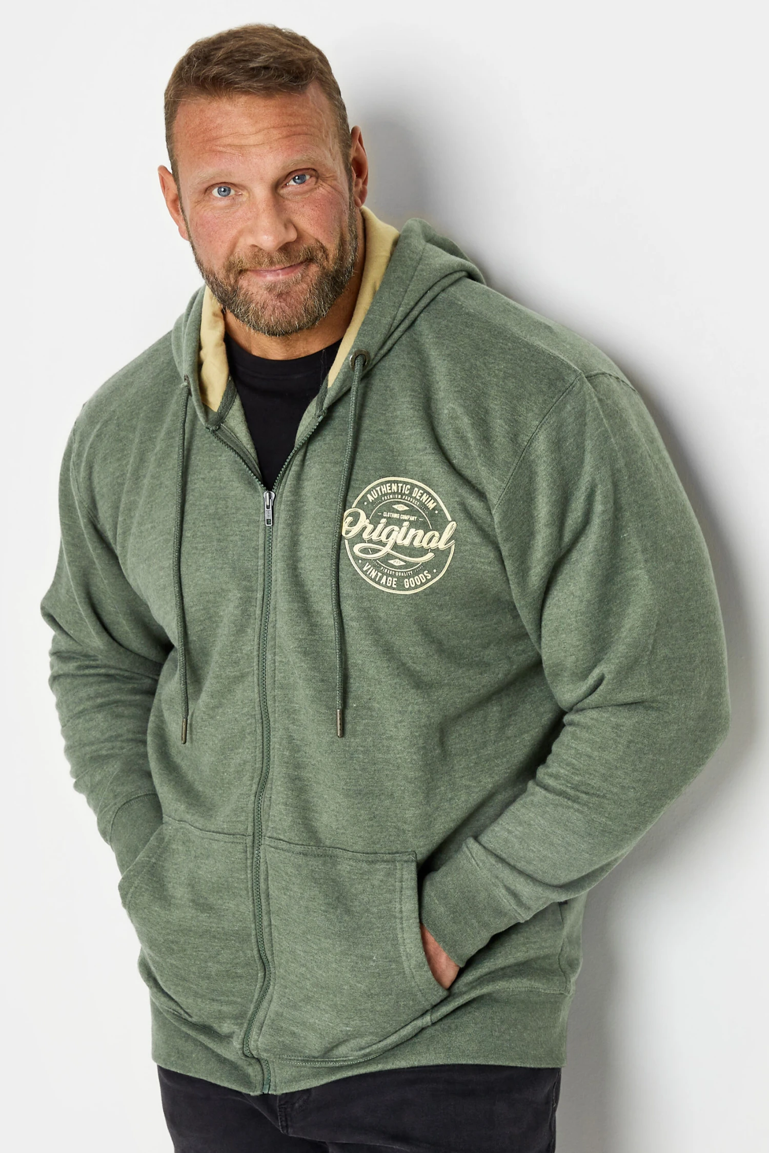 KAM Big & Tall Khaki Green 'Original' Zip Through Hoodie 1 KAM Big & Tall Khaki Green 'Original' Zip Through Hoodie