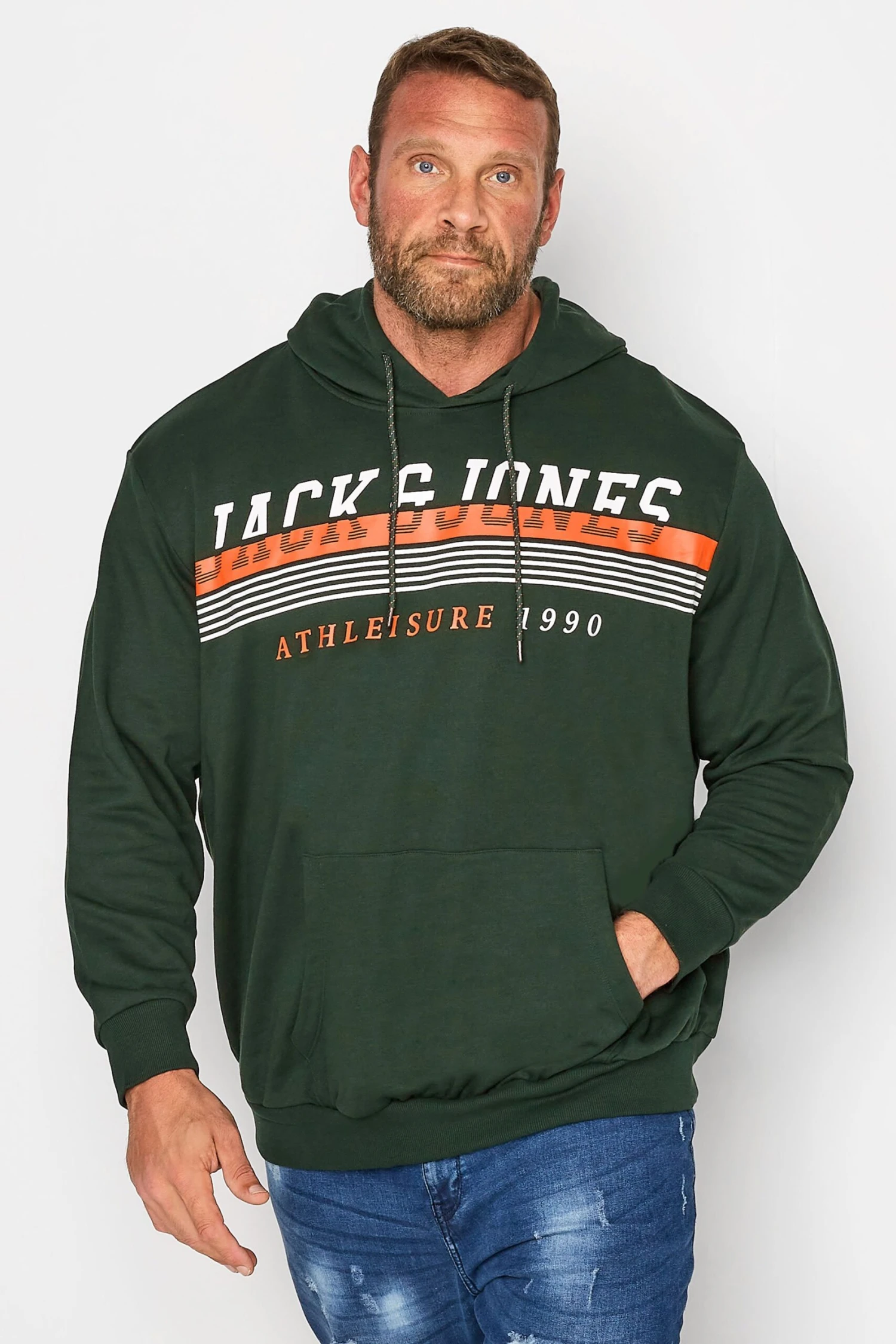 JACK & JONES Big & Tall Forest Green 'Athleisure' Logo Print Hoodie 1 JACK & JONES Big & Tall Forest Green 'Athleisure' Logo Print Hoodie