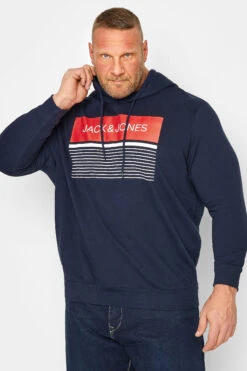 JACK & JONES Big & Tall Navy Blue Logo Stripe Hoodie