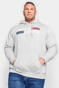JACK & JONES Big & Tall Grey Logo Print Hoodie