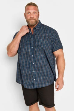 BadRhino Big & Tall Navy Blue & Yellow Short Sleeve Check Shirt