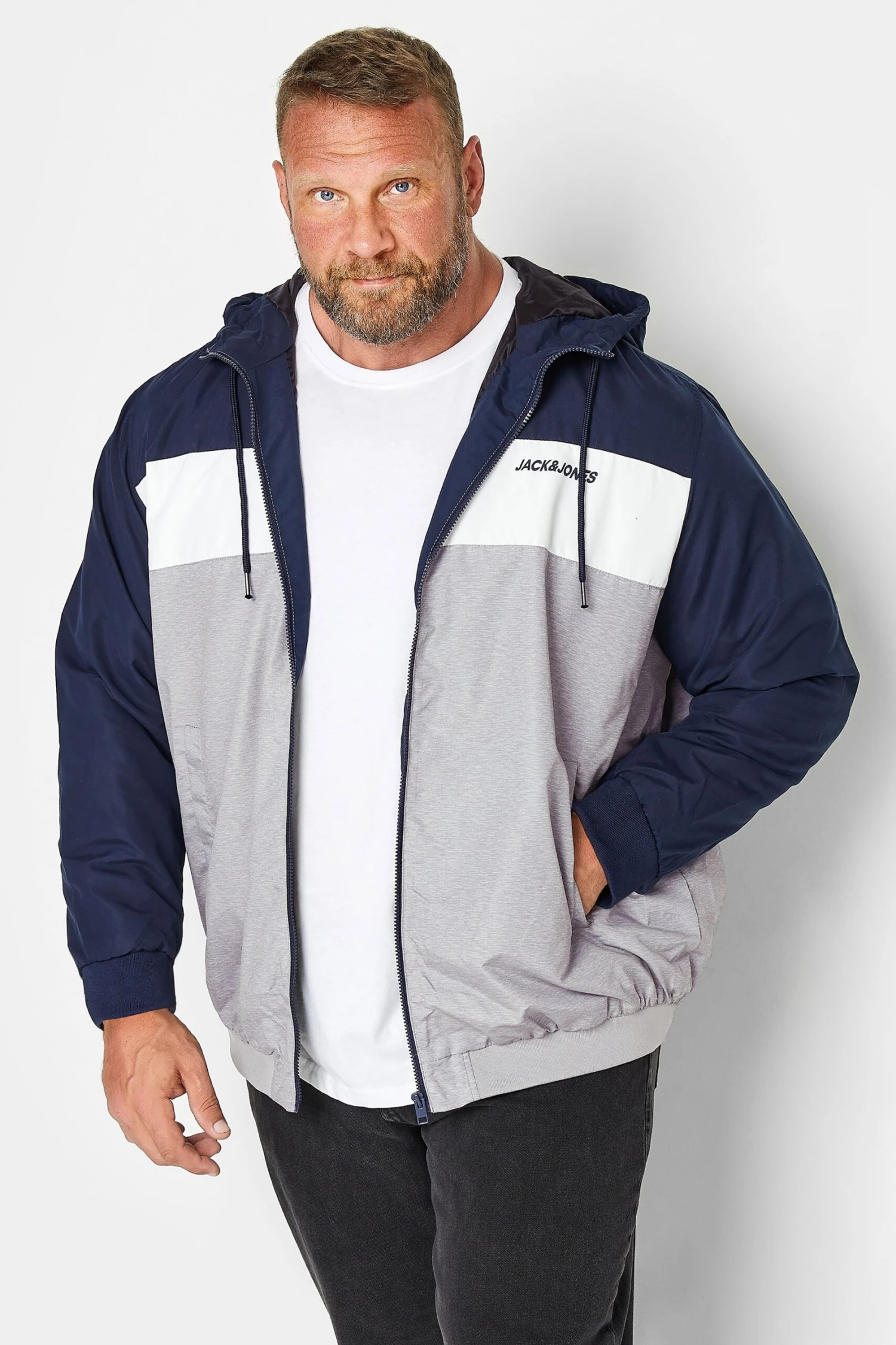 JACK & JONES Big & Tall Grey Bomber Zip Up Hoodie 1 JACK & JONES Big & Tall Grey Bomber Zip Up Hoodie