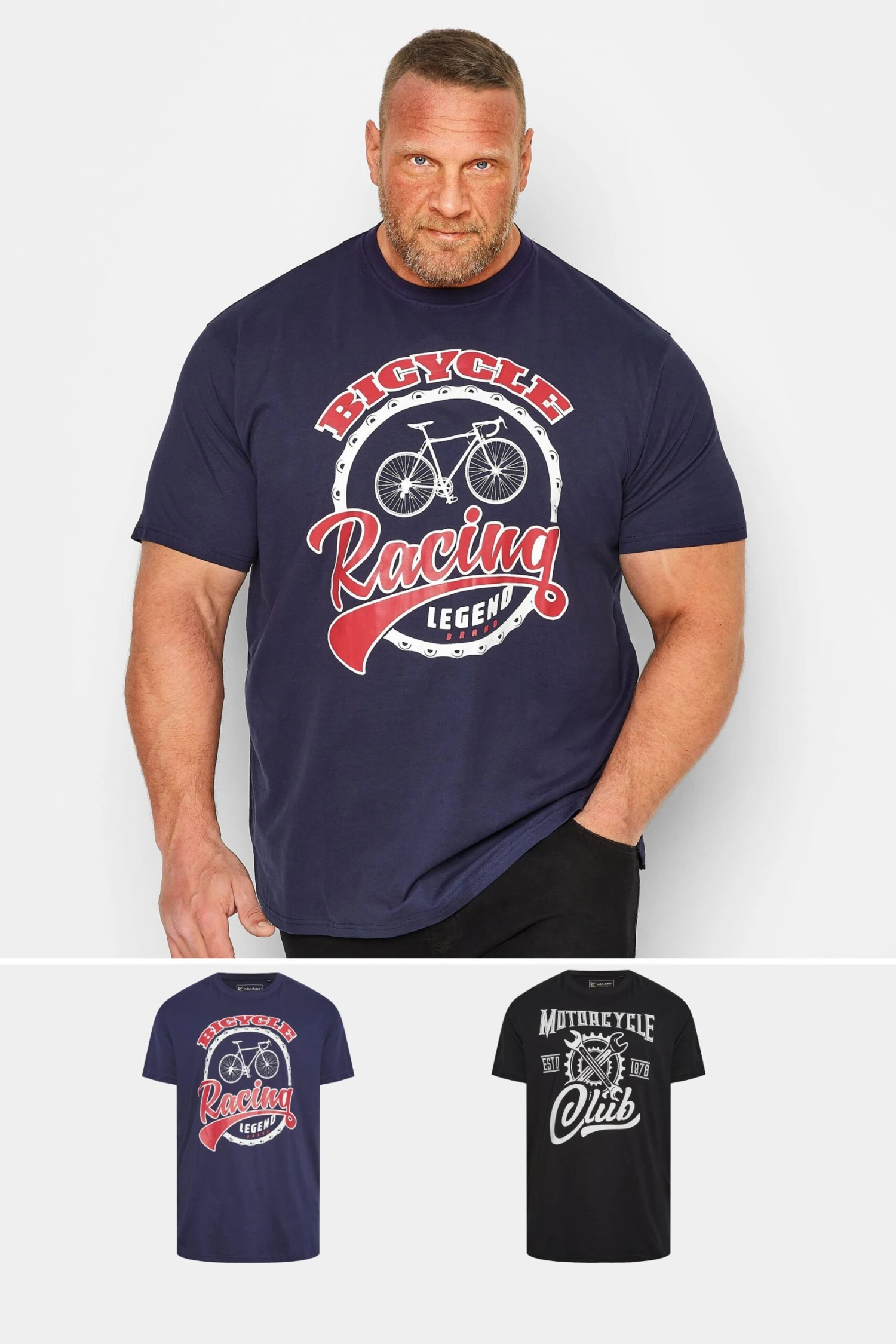 KAM Big & Tall 2 PACK Black & Navy Blue Cycle Printed T-Shirts 1 KAM Big & Tall 2 PACK Black & Navy Blue Cycle Printed T-Shirts