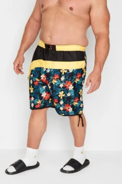 KAM Big & Tall Black Tropical Floral Panel Swim Shorts