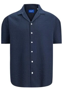 JACK & JONES Big & Tall Navy Blue Revere Collar Seersucker Shirt -Menswear Mode Sales Store 9a749ffb 6828 44 207857 X