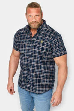 LUKE 1977 Big & Tall Navy Blue Check Short Sleeve Shirt