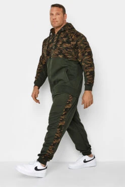 KAM Big & Tall Khaki Green Camo Colour Block Zip Through Hoodie