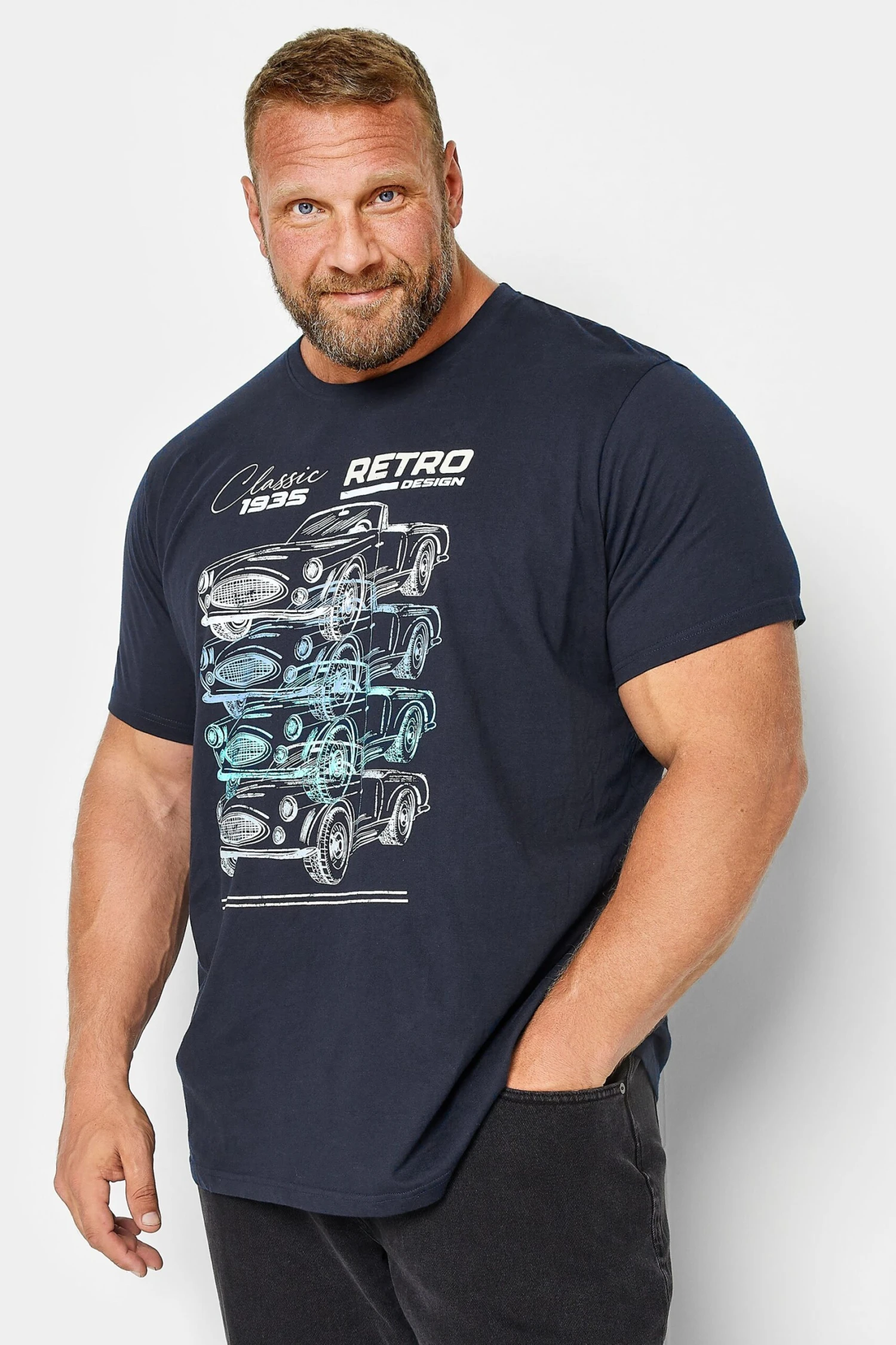BadRhino Big & Tall Blue Retro Car Print T-Shirt 1 BadRhino Big & Tall Blue Retro Car Print T-Shirt