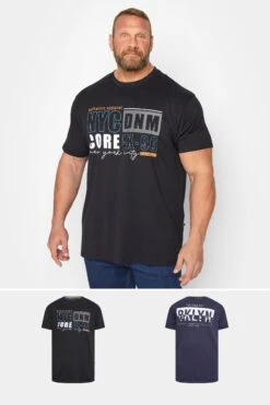 KAM Big & Tall Blue & Black 2 Pack Slogan Printed T-Shirts