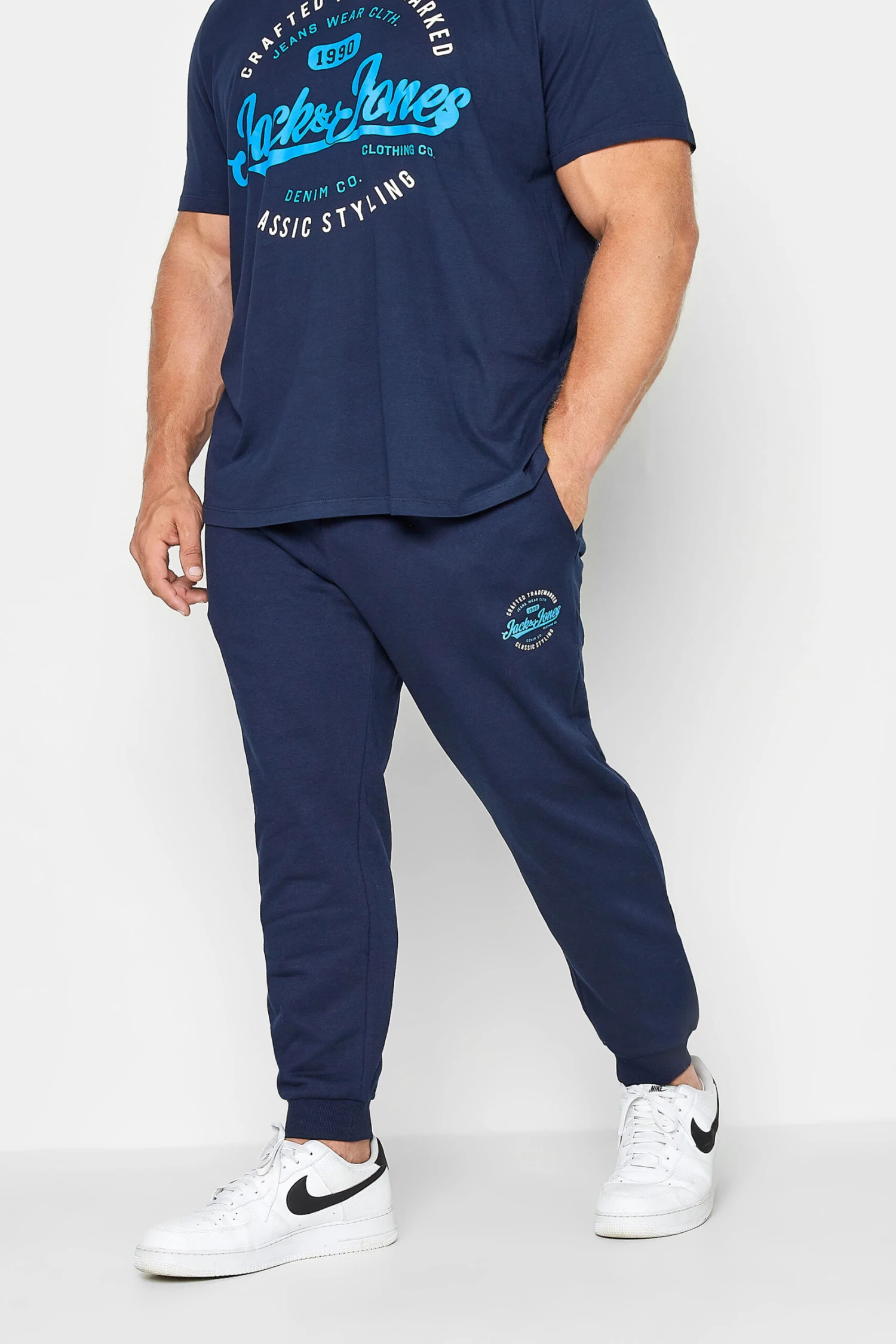JACK & JONES Big & Tall Navy Blue Logo Print Cuffed Joggers 1 JACK & JONES Big & Tall Navy Blue Logo Print Cuffed Joggers