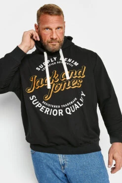 JACK & JONES Big & Tall Black Hooded Logo Print Sweatshirt