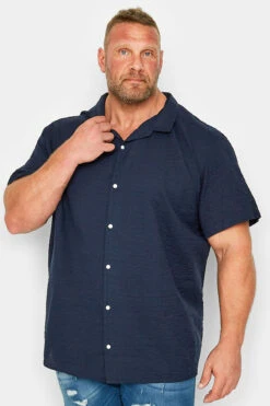 JACK & JONES Big & Tall Navy Blue Revere Collar Seersucker Shirt