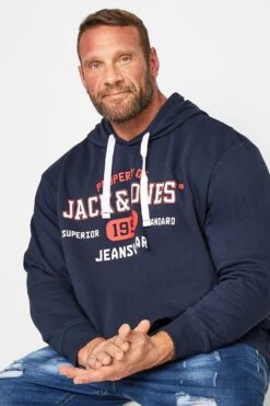 JACK & JONES Big & Tall Navy Blue Jeanswear Logo Hoodie